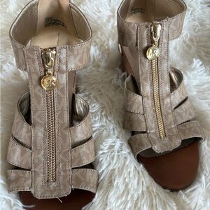 Michael Kors Taupe Logo Zip Gladiator Sandals with Gold Hardware.